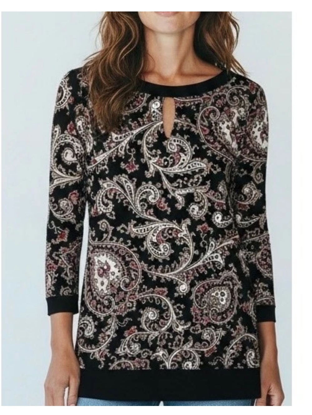 White House Black Market Paisley Keyhole Knit Top